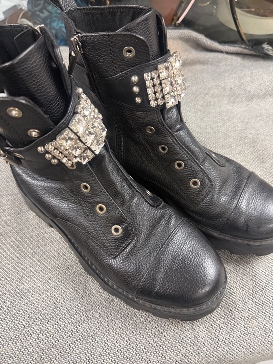 Karl Lagerfeld Shoes - Karl Lagerfeld Black Leather Combat Boots with Crystal Strap